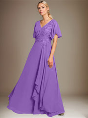 A-line V-Neck Floor-Length Lace Chiffon Mother of the Bride Dress With Cascading Ruffles Sequins