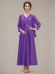 A-line V-Neck Ankle-Length Chiffon Mother of the Bride Dress With Sequins Appliques Lace Beading