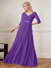 A-Line Floor-Length V-Neck Lace Chiffon Mother of the Bride Dress