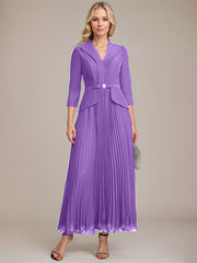 A-line Collared V-Neck Ankle-Length Chiffon Mother of the Bride Dress With Beading Pleated