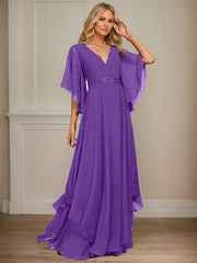 A-line V-Neck Floor-Length Chiffon Mother of the Bride Dress With Sequins Appliques Lace Beading