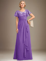 A-line Asymmetrical Illusion Floor-Length Lace Chiffon Mother of the Bride Dress With Cascading Ruffles Sequins