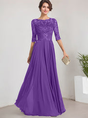 A-line Scoop Illusion Floor-Length Lace Chiffon Mother of the Bride Dress With Pleated Sequins