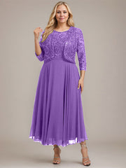 A-line Boat Neck Illusion Tea-Length Lace Chiffon Mother of the Bride Dress With Sequins