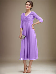 A-line V-Neck Tea-Length Chiffon Lace Mother of the Bride Dress With Beading