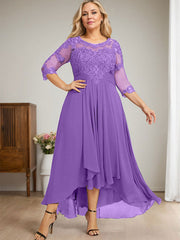 A-line Scoop Illusion Asymmetrical Lace Chiffon Mother of the Bride Dress With Cascading Ruffles