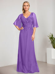A-line V-Neck Floor-Length Lace Chiffon Mother of the Bride Dress With Sequins Beading