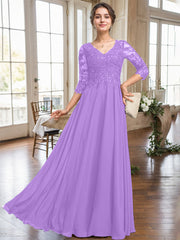 A-line V-Neck Floor-Length Lace Chiffon Mother of the Bride Dress With Sequins