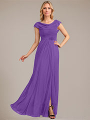 A-line Scoop Floor-Length Mesh Mother of the Bride Dress With Pleated Beading