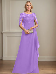 A-line Scoop Illusion Floor-Length Lace Chiffon Mother of the Bride Dress With Cascading Ruffles Sequins