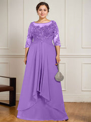 A-line Scoop Illusion Floor-Length Lace Chiffon Mother of the Bride Dress With Cascading Ruffles