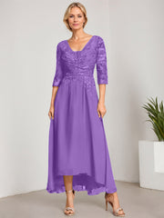 A-line V-Neck Asymmetrical Chiffon Lace Mother of the Bride Dress With Pleated Beading