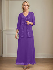 A-line V-Neck Ankle-Length Lace Sequin Chiffon Mother of the Bride Dress