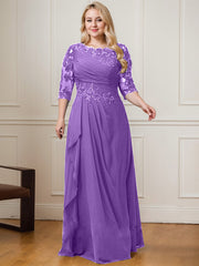 A-line Scoop Floor-Length Lace Chiffon Mother of the Bride Dress With Cascading Ruffles Sequins