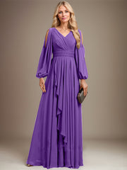 A-line Cold Shoulder V-Neck Floor-Length Chiffon Mother of the Bride Dress With Cascading Ruffles Beading