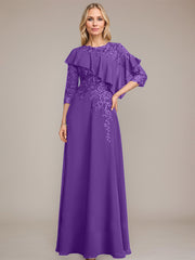 A-line Scoop Illusion Floor-Length Chiffon Lace Mother of the Bride Dress With Ruffle Sequins Beading