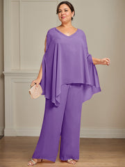 Separates Jumpsuit/Pantsuit V-Neck Floor-Length Chiffon Mother of the Bride Dress With Beading