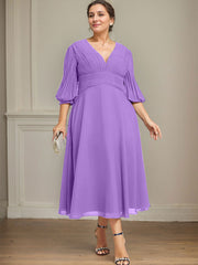 A-line V-Neck Tea-Length Chiffon Mother of the Bride Dress With Pleated