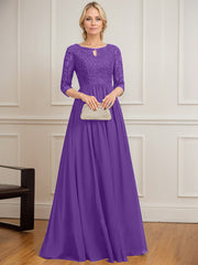 A-line Scoop Floor-Length Lace Chiffon Mother of the Bride Dress With Crystal Brooch Sequins