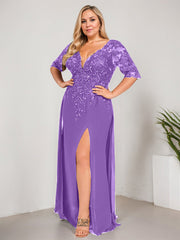 Sheath/Column V-Neck Floor-Length Lace Chiffon Mother of the Bride Dress With Sequins