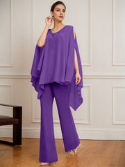 Separates Jumpsuit/Pantsuit V-Neck Floor-Length Chiffon Mother of the Bride Dress With Beading