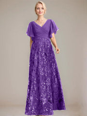 A-line V-Neck Floor-Length Lace Sequin Chiffon Mother of the Bride Dress With Pleated