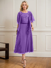 A-line Scoop Tea-Length Lace Chiffon Mother of the Bride Dress With Sequins