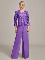 Silver Chiffon Pant and Lace Top Mother of The Bride Wide Pant Suits