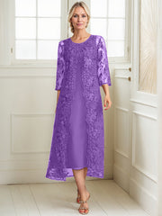 A-line Scoop Tea-Length Lace Chiffon Mother of the Bride Dress