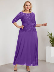 A-line Scoop Illusion Ankle-Length Chiffon Lace Mother of the Bride Dress With Rhinestone Beading