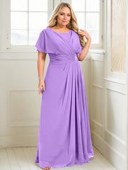 A-line Scoop Floor-Length Chiffon Mother of the Bride Dress With Pleated Beading
