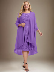 Sheath/Column Scoop Illusion Knee-Length Lace Chiffon Mother of the Bride Dress With Cascading Ruffles Sequins