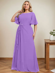 A-line Scoop Floor-Length Chiffon Mother of the Bride Dress With Cascading Ruffles Beading Sequins
