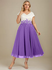 A-line V-Neck Tea-Length Satin Chiffon Mother of the Bride Dress With Appliques Lace