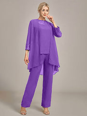 Navy Long Sleeves 3 Pieces Mother of the Bride Pant Suits