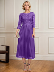 A-line Scoop Illusion Tea-Length Lace Chiffon Mother of the Bride Dress With Sequins Pleated
