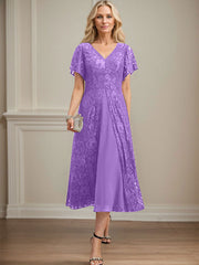 A-line V-Neck Tea-Length Lace Chiffon Mother of the Bride Dress