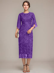Sheath/Column Scoop Tea-Length Lace Chiffon Mother of the Bride Dress