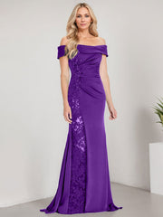 A-Line Off the Shoulder Floor-Length Chiffon Mother of the Bride Dress Applique Beadings Mermaid Dress With  High Split