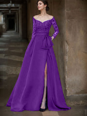 A-Line Off-The-Shoulder 3/4 Sleeves Sweep Train Lace/Satin Mother Of The Bride Dresses With Split Front