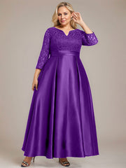 A-line V-Neck Ankle-Length Lace Satin Mother of the Bride Dress With Rhinestone