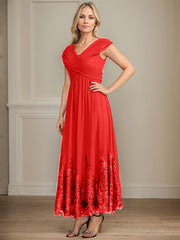 A-line V-Neck Ankle-Length Chiffon Mother of the Bride Dress With Bow Sequins Appliques Lace