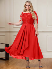 A-line Boat Neck Illusion Asymmetrical Lace Chiffon Mother of the Bride Dress With Cascading Ruffles Sequins