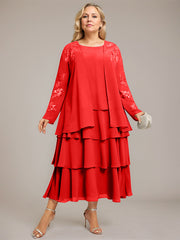 A-line Scoop Tea-Length Chiffon Mother of the Bride Dress With Cascading Ruffles