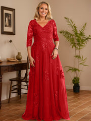 A-line V-Neck Floor-Length Tulle Lace Mother of the Bride Dress With Sequins