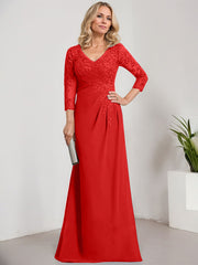 Sheath/Column V-Neck Illusion Floor-Length Lace Chiffon Mother of the Bride Dress With Pleated Sequins