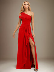 Sheath/Column Cold Shoulder One Shoulder Floor-Length Chiffon Evening Dress With Cascading Ruffles