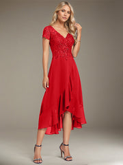 A-line V-Neck Asymmetrical Lace Chiffon Mother of the Bride Dress