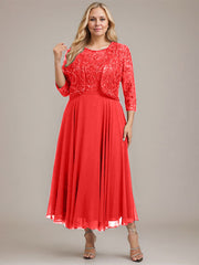 A-line Boat Neck Illusion Tea-Length Lace Chiffon Mother of the Bride Dress With Sequins