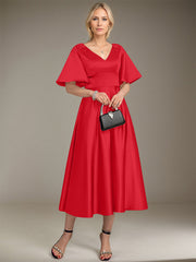 A-line V-Neck Tea-Length Satin Mother of the Bride Dress With Beading